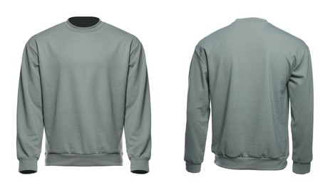 Image of Grey sweater isolated on white, back and front. Mockup for design