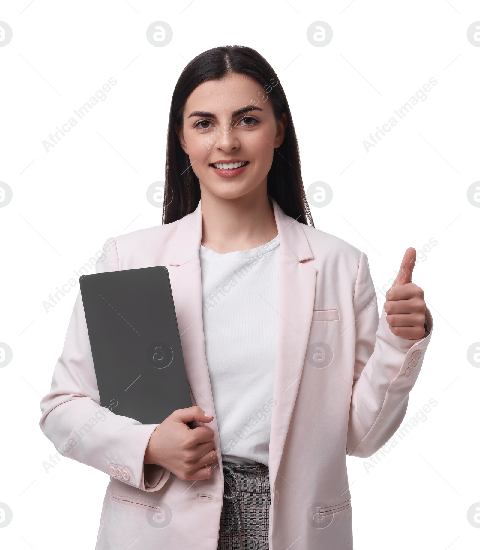 Photo of Beautiful businesswoman with laptop showing thumbs up against white background