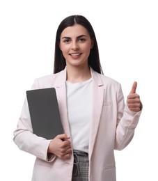 Photo of Beautiful businesswoman with laptop showing thumbs up against white background