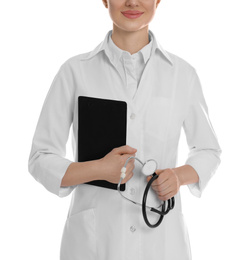 Photo of Doctor with clipboard and stethoscope on white background, closeup
