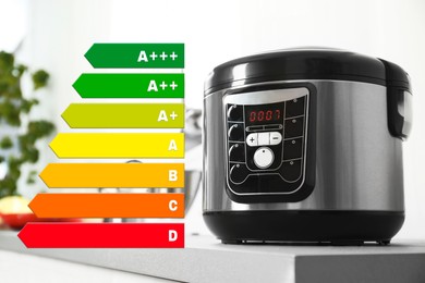 Image of Energy efficiency rating label and multi cooker on table indoors