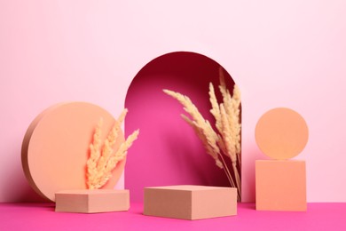 Photo of Many orange geometric figures with dry decorative spikes on pink background. Stylish presentation for product