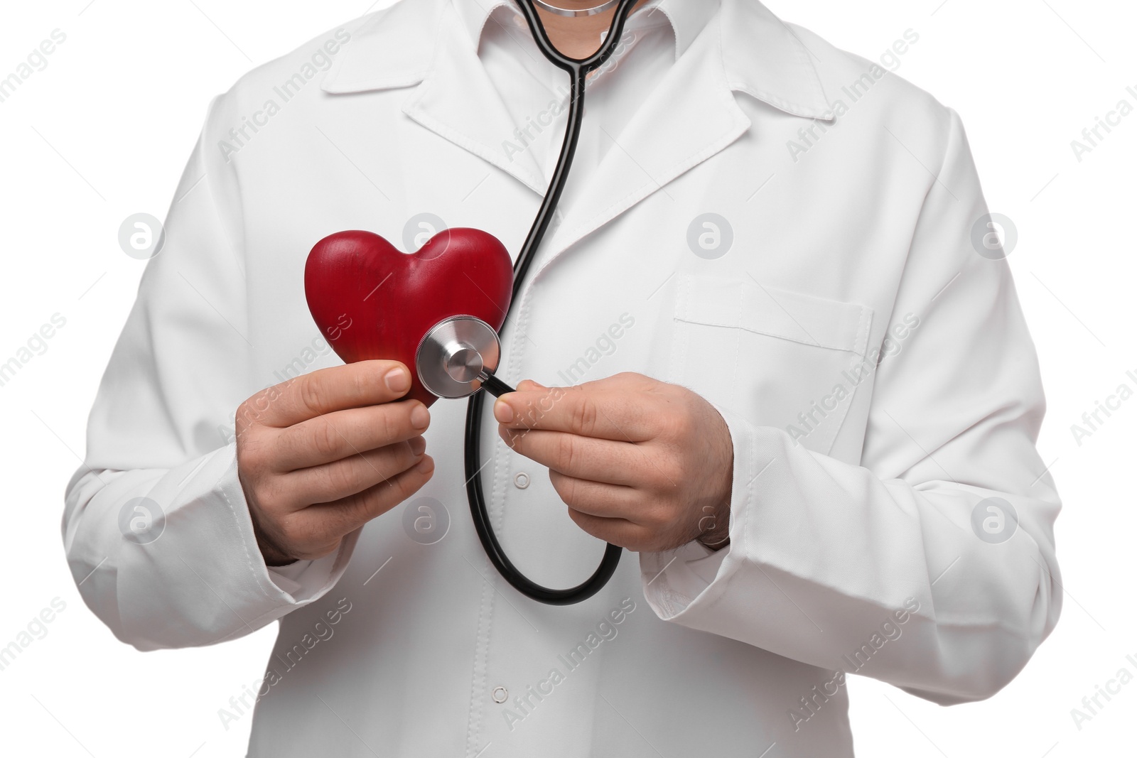 Photo of Doctor with stethoscope and red heart on white background, closeup. Cardiology concept