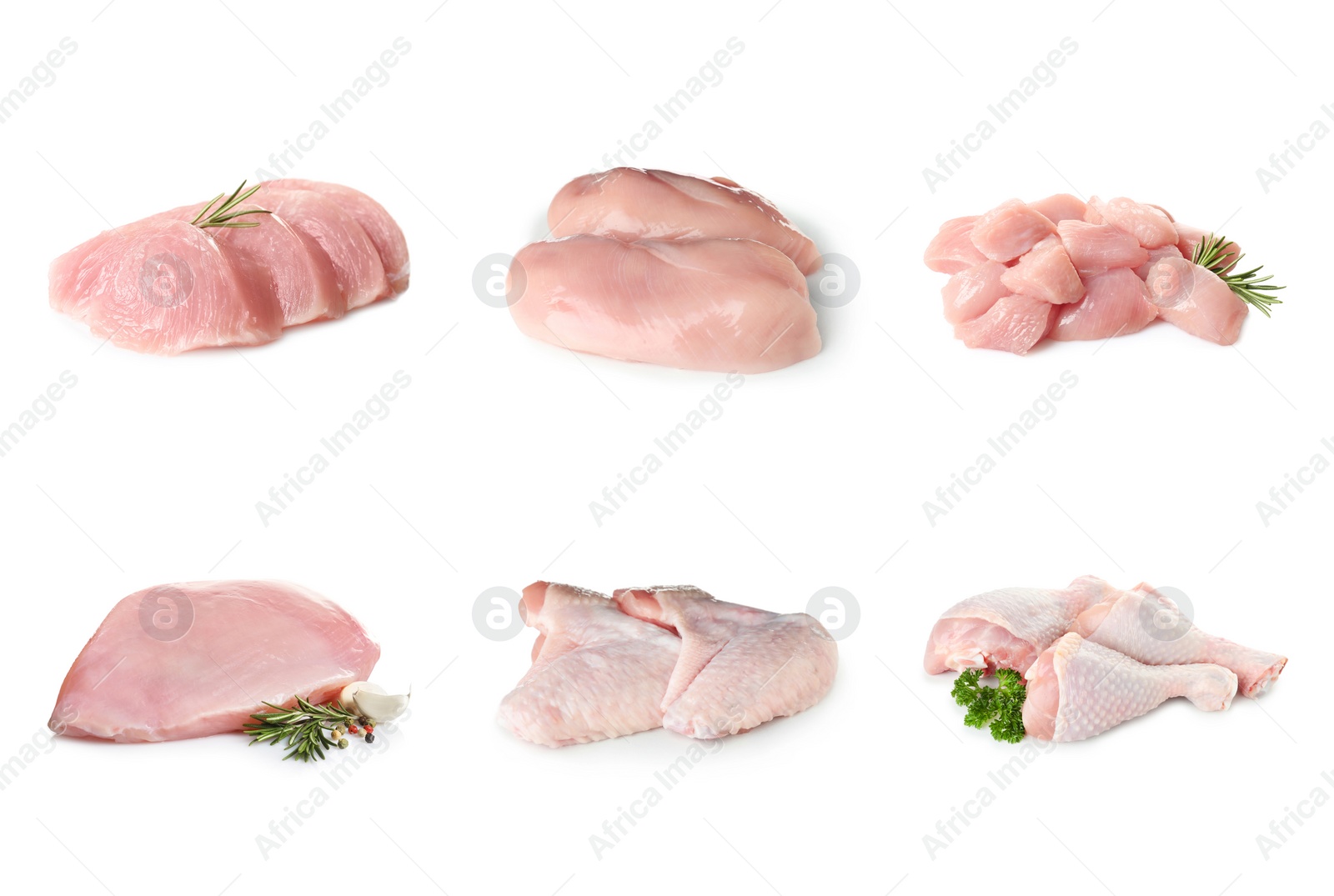 Image of Set with raw chicken meat on white background