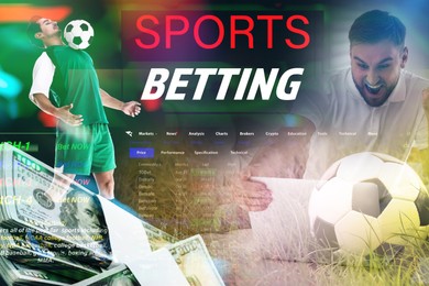 Image of Sports betting. Multiple exposure with football player, money, soccer ball, website page and emotional man
