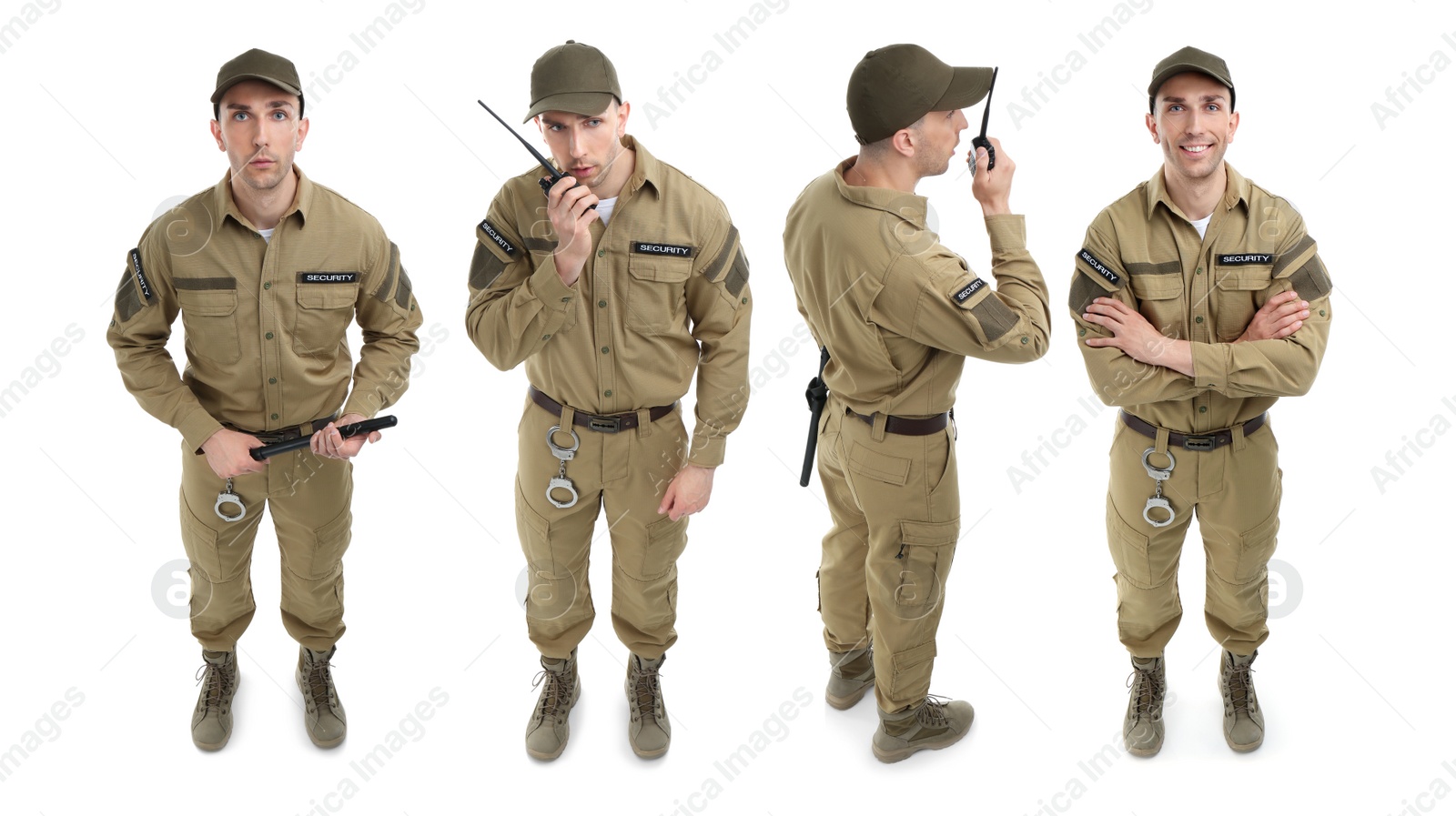 Image of Collage of professional security guard on white background, above view. Banner design