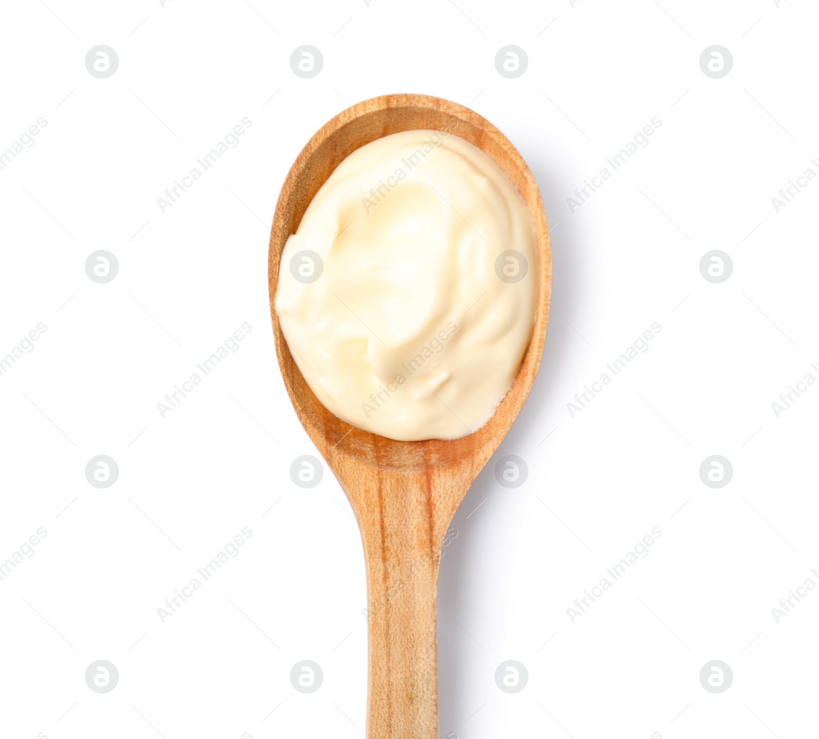 Photo of Mayonnaise in wooden spoon isolated on white, top view