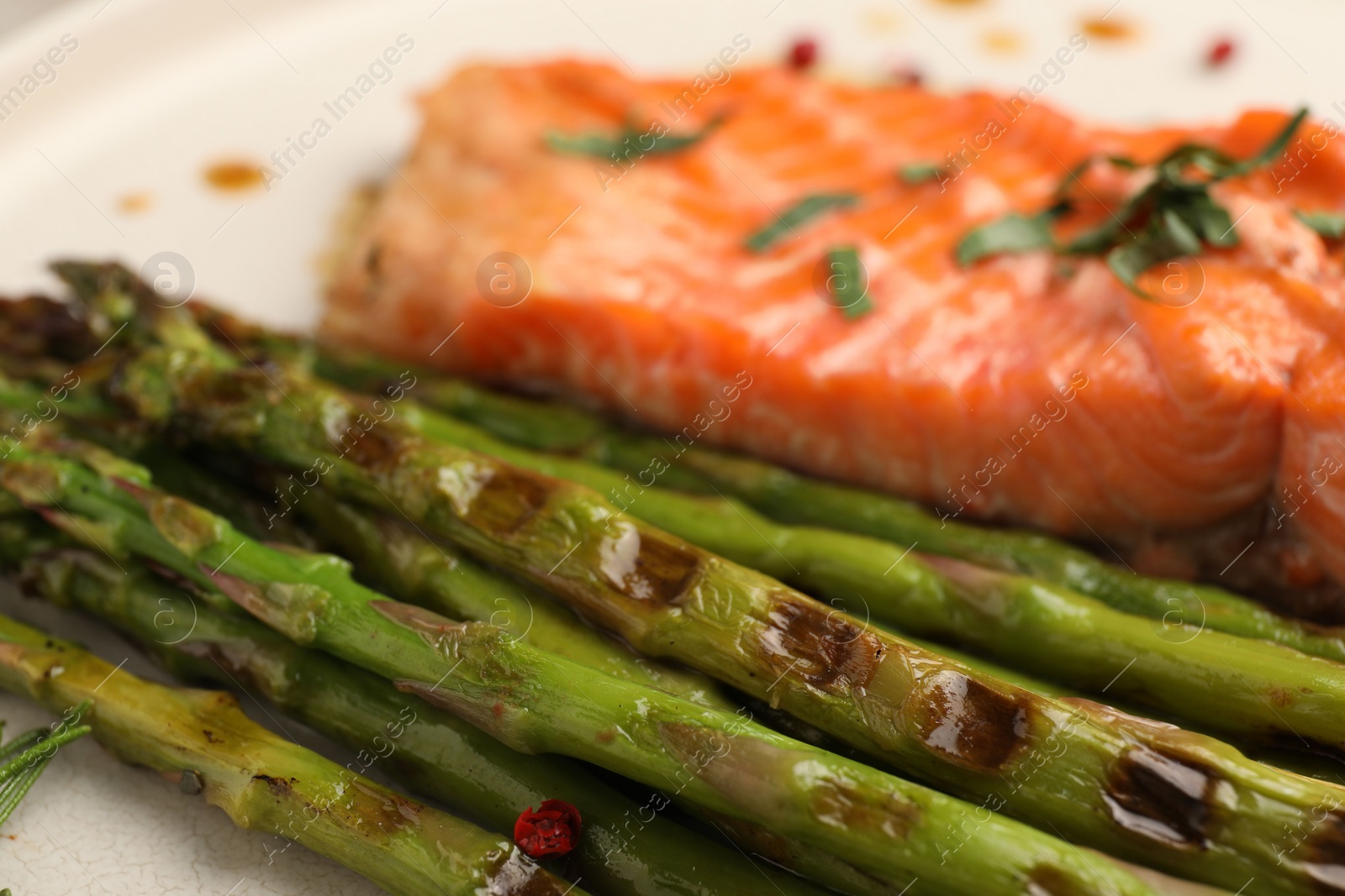 Photo of Tasty asparagus and salmon with spices on plate, closeup