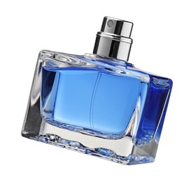 Photo of Blue men's perfume in bottle isolated on white