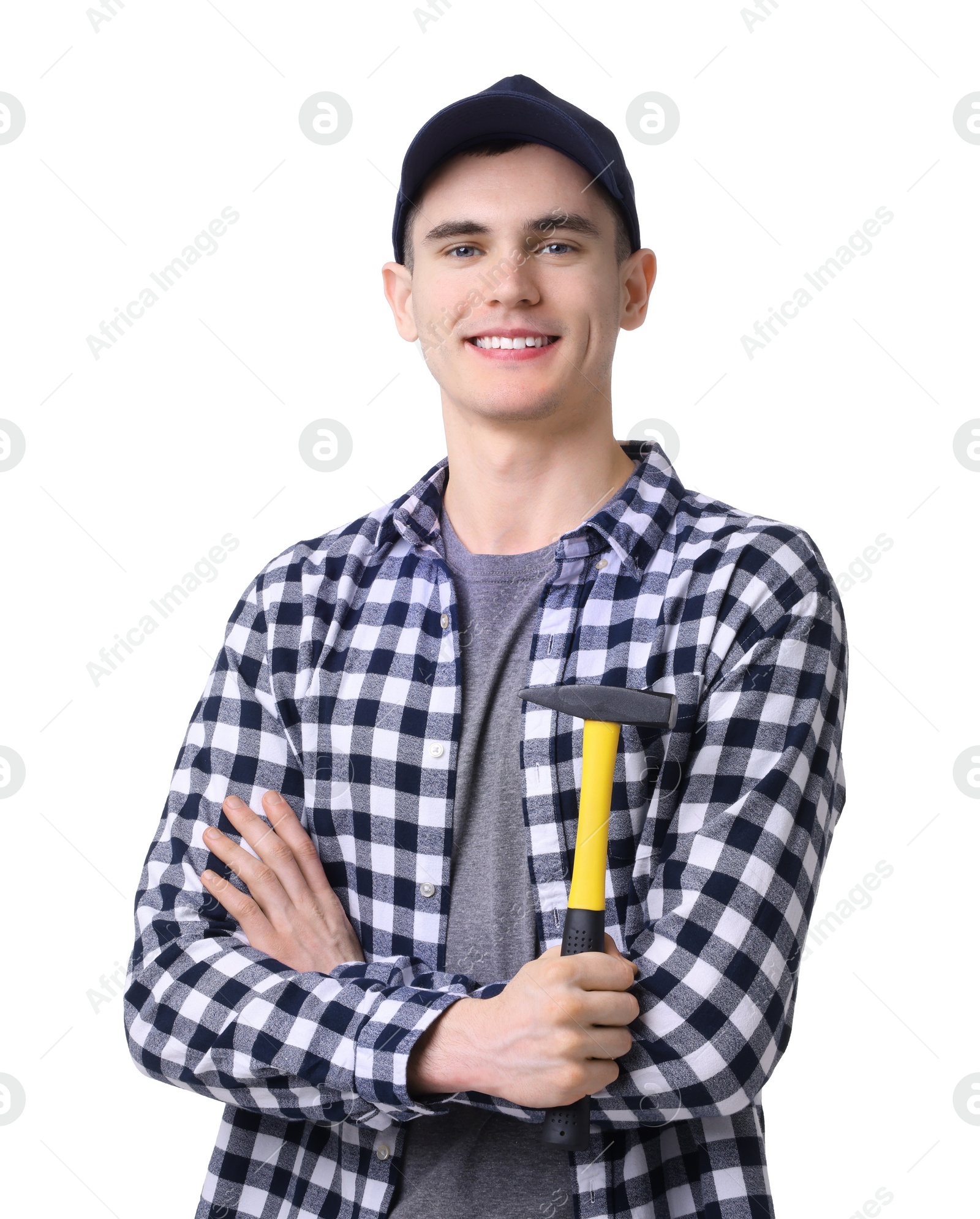 Photo of Young man holding hammer on white background