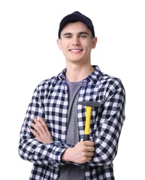 Photo of Young man holding hammer on white background