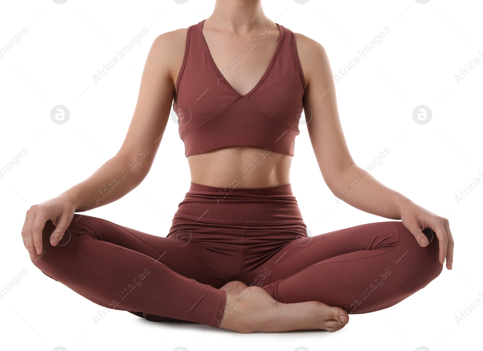 Photo of Woman in sportswear meditating on white background, closeup