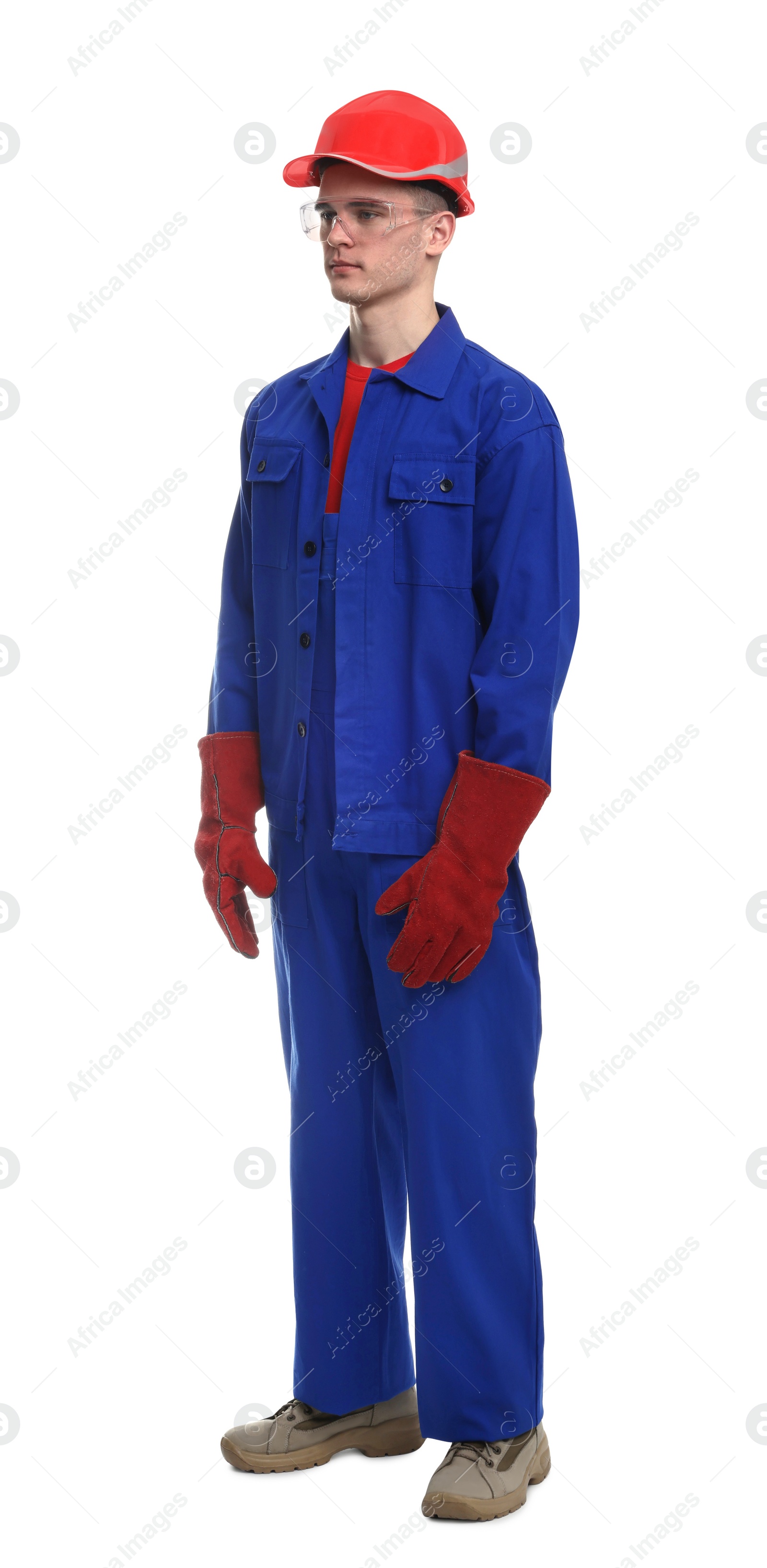 Photo of Young man wearing safety equipment on white background