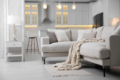 Photo of Modern apartment with comfortable sofa. Interior design