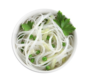 Photo of Bowl of rice noodles with vegetables isolated on white, top view