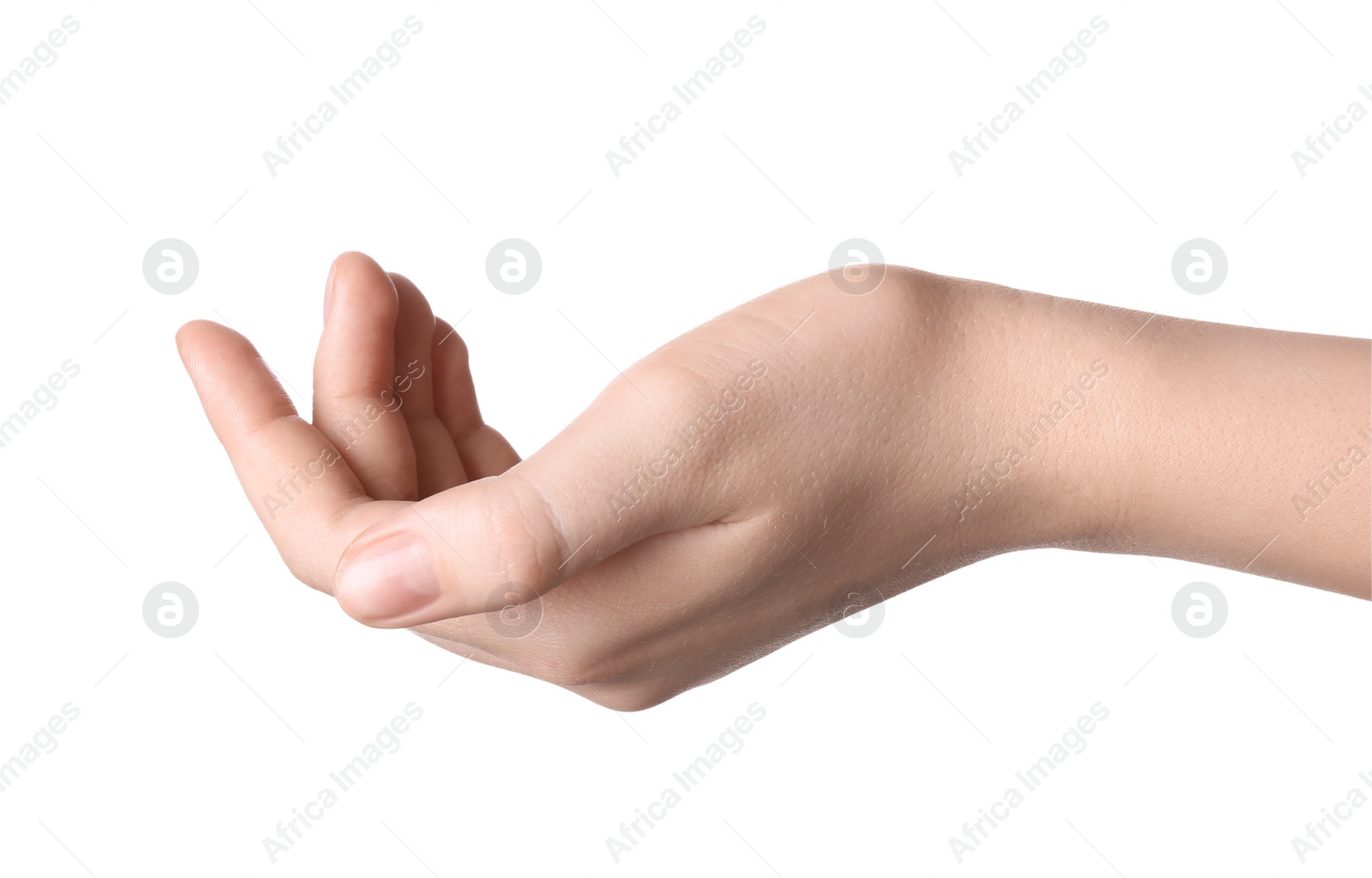 Photo of Woman holding something against white background, closeup