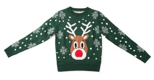Photo of Green Christmas sweater with reindeer isolated on white, top view