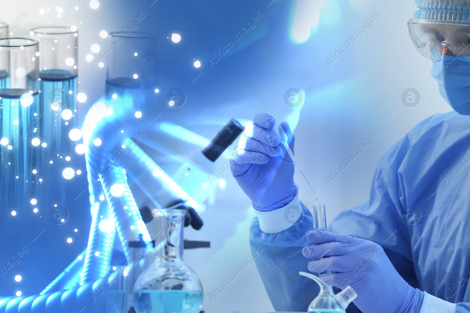 Image of Genetics. Multiple exposure with photos of scientist, laboratory glassware and illustration