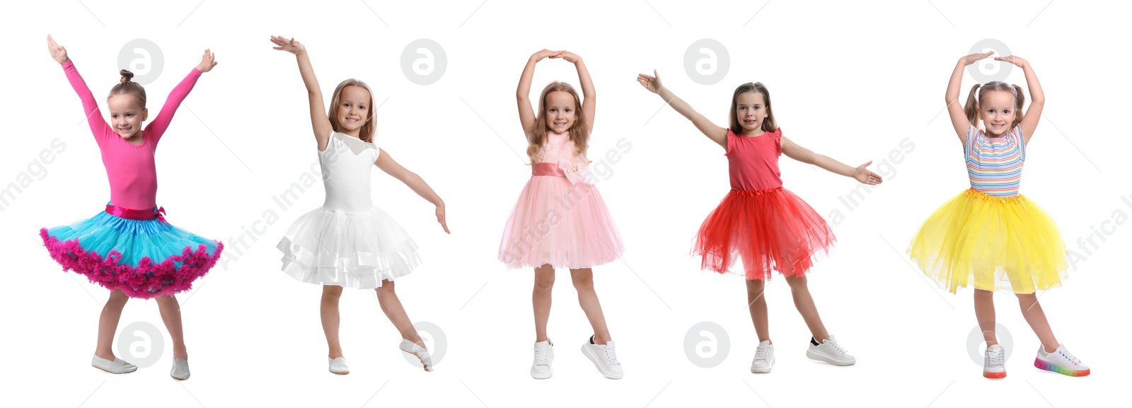 Image of Cute little girls dancing on white background, set of photos