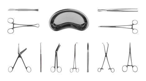 Image of Set with different surgical instruments on white background. Banner design 