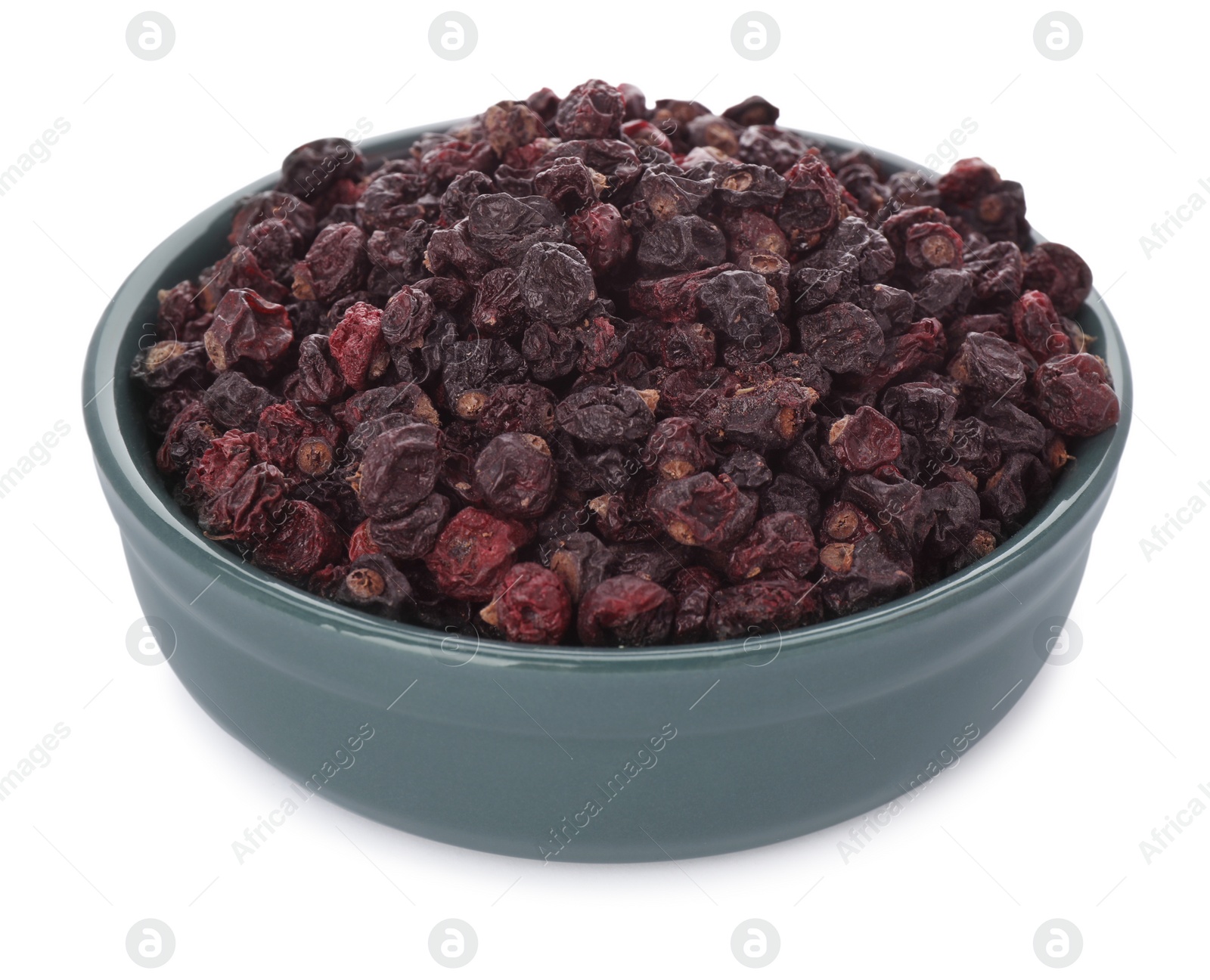 Photo of Bowl of tasty dried currants on white background