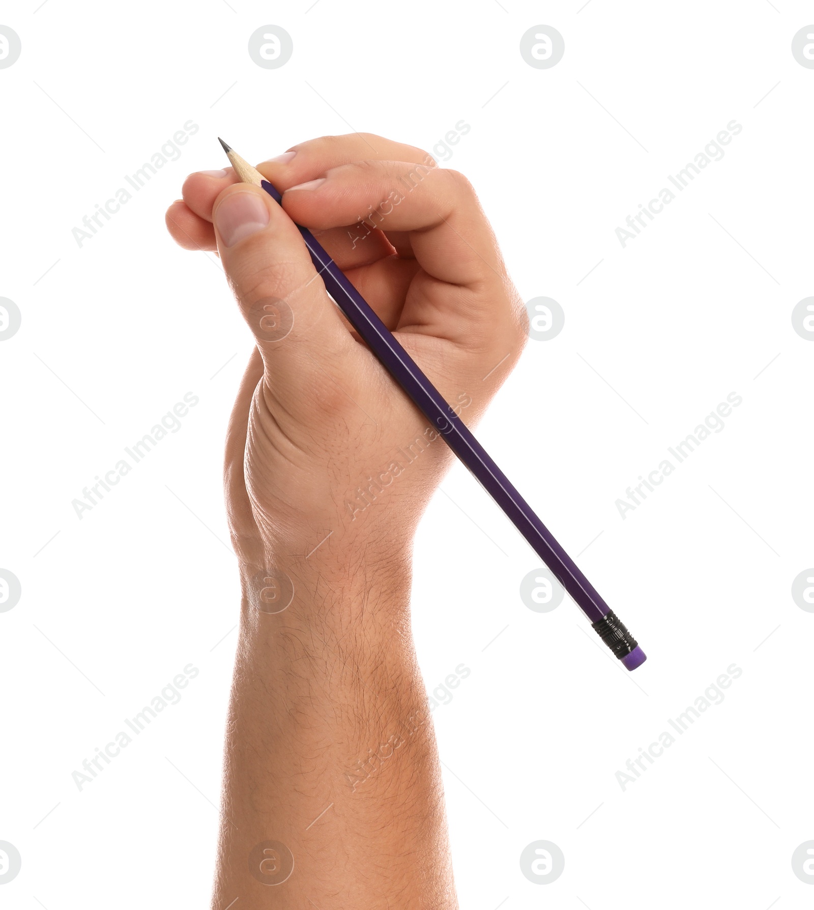 Photo of Man holding pencil on white background, closeup of hand