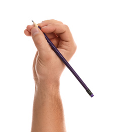 Man holding pencil on white background, closeup of hand