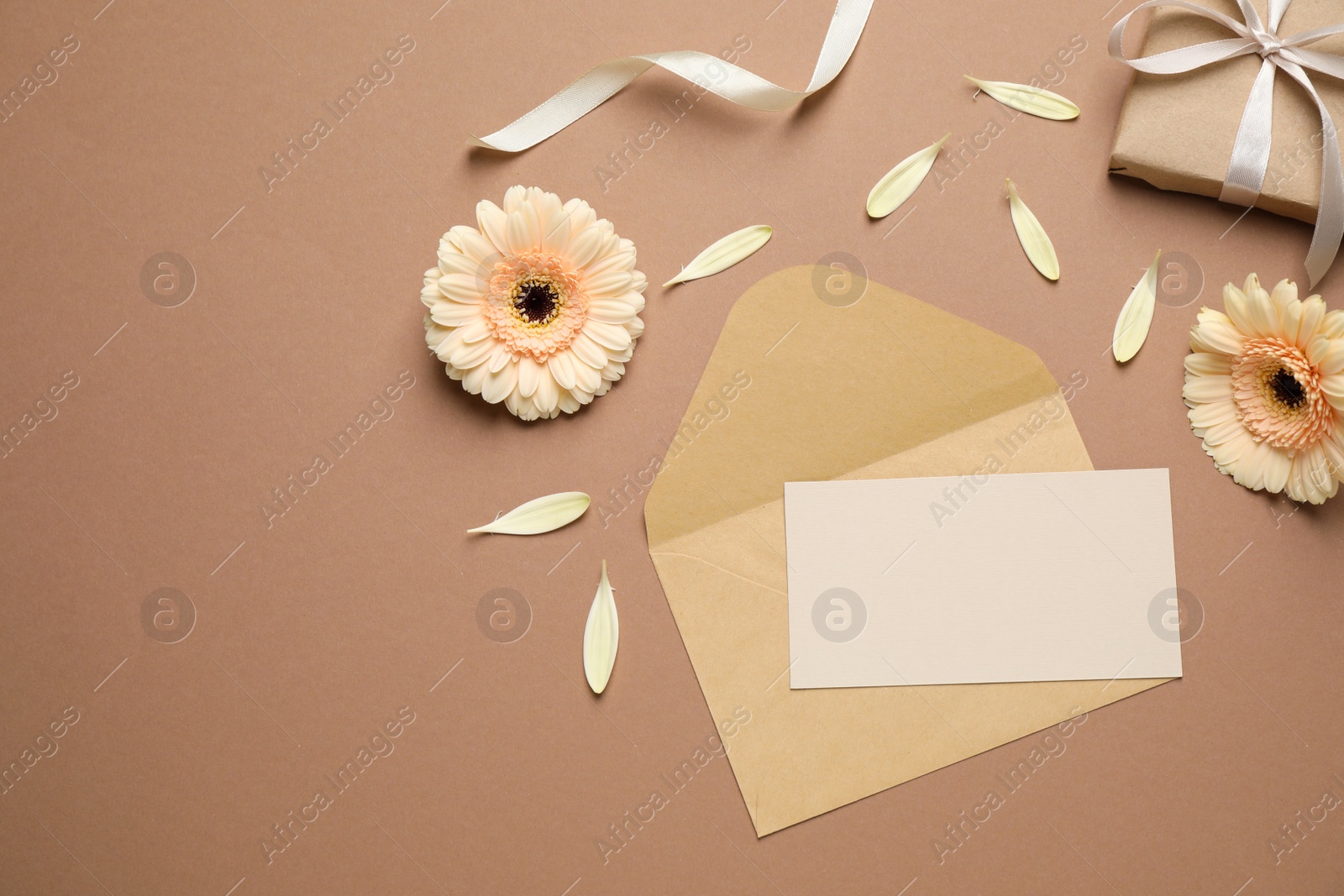 Image of Beautiful herbera flowers, gift, envelope and blank card with space for text on brown background, flat lay