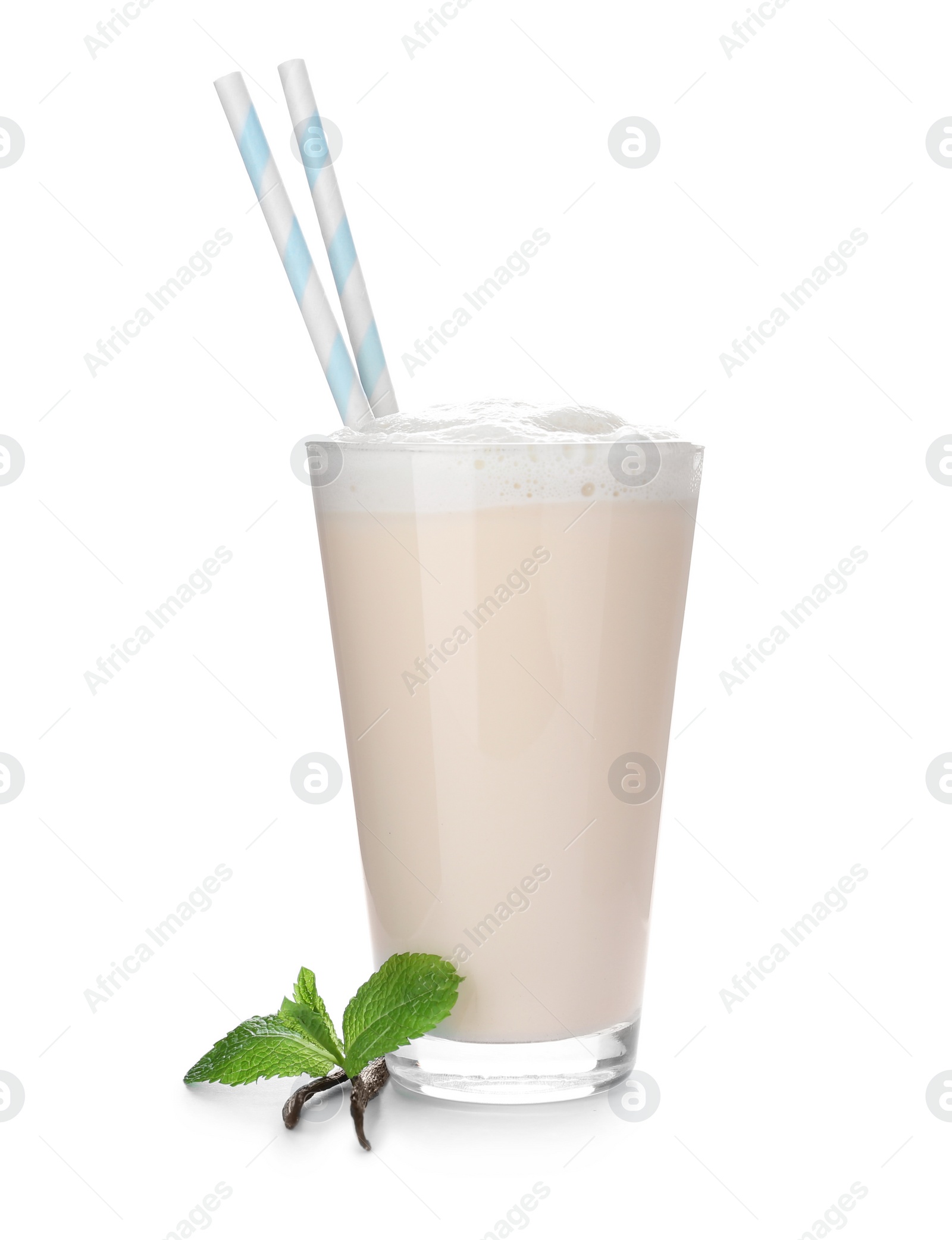 Photo of Glass with delicious milk shake on white background