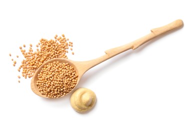 Photo of Mustard, seeds and wooden spoon on white background, top view