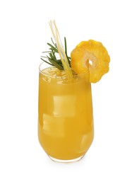 Glass of tasty pineapple cocktail with rosemary isolated on white