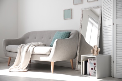 Modern room interior with large mirror and sofa