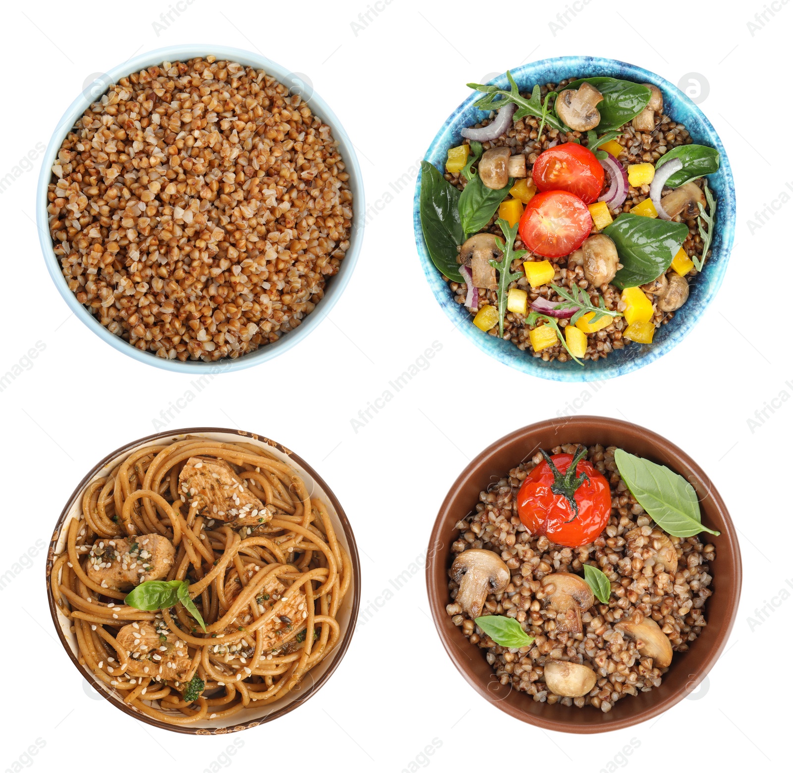 Image of Set with tasty buckwheat porridge and noodles on white background, top view