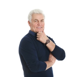 Photo of Portrait of handsome mature man on white background