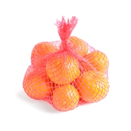 Photo of Mesh bag with tangerines on white background