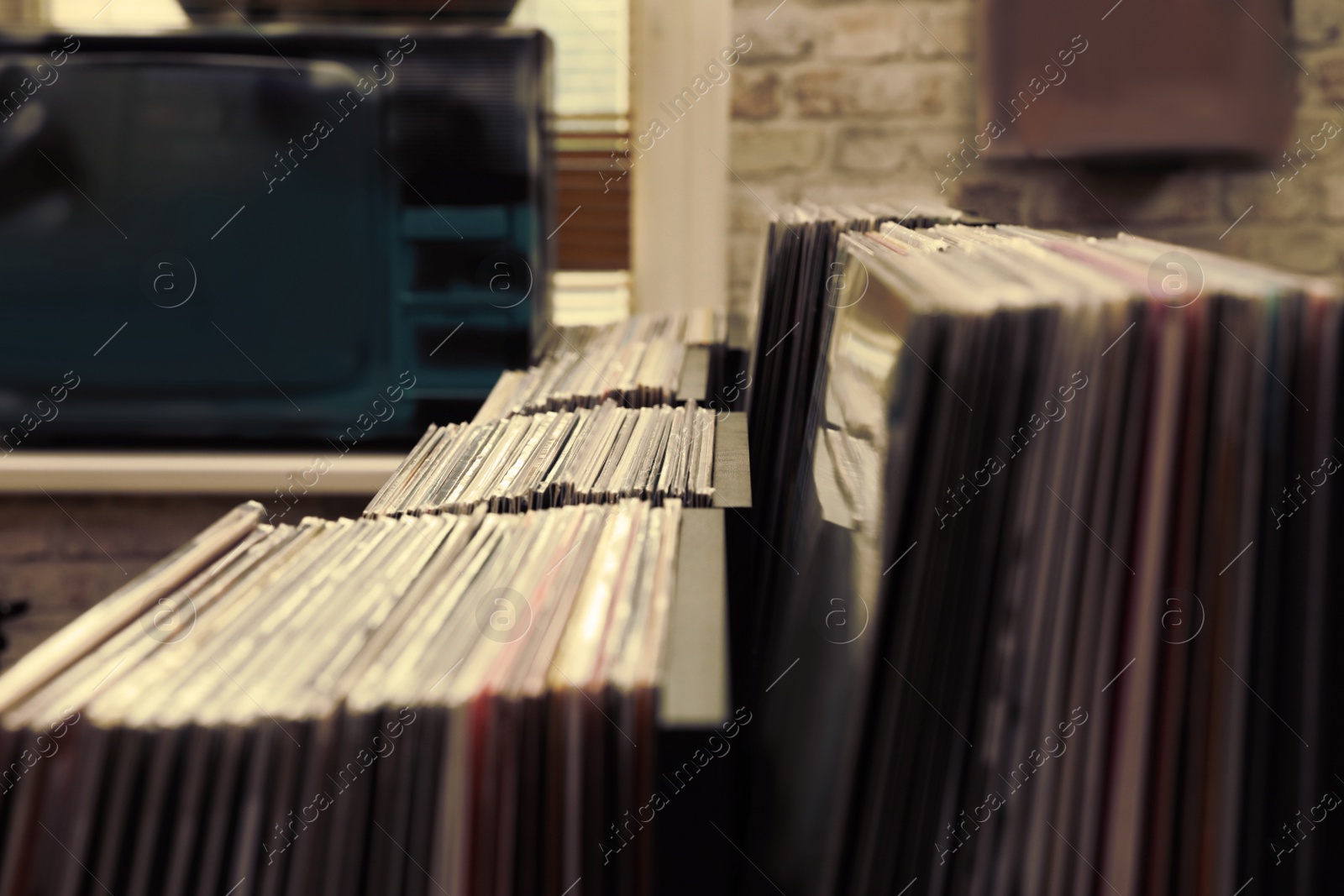 Image of Many different vinyl records in store, closeup