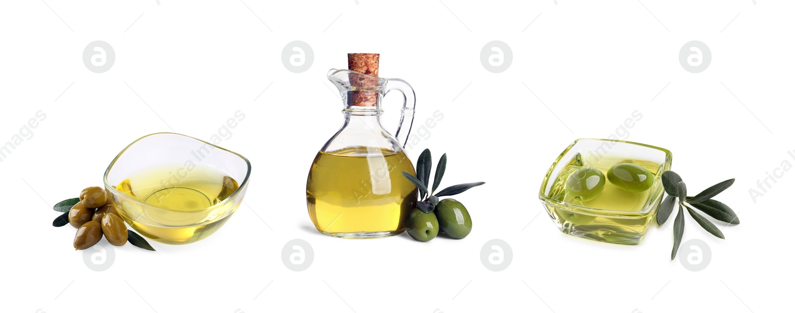 Image of Set with oil, ripe olives and leaves on white background. Banner design