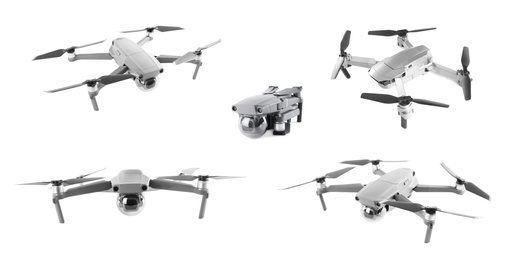 Set of different drones on white background