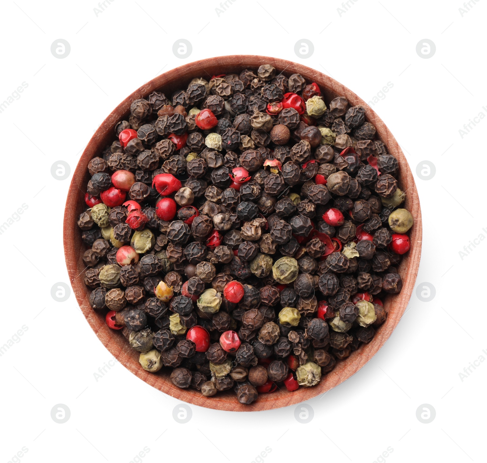 Photo of Bowl with peppercorn mix isolated on white, top view