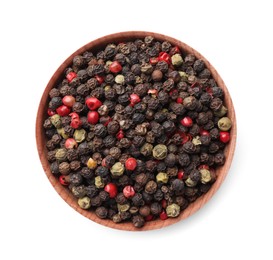 Photo of Bowl with peppercorn mix isolated on white, top view