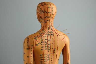 Photo of Acupuncture - alternative medicine. Human model with needles in shoulder against grey background, back view