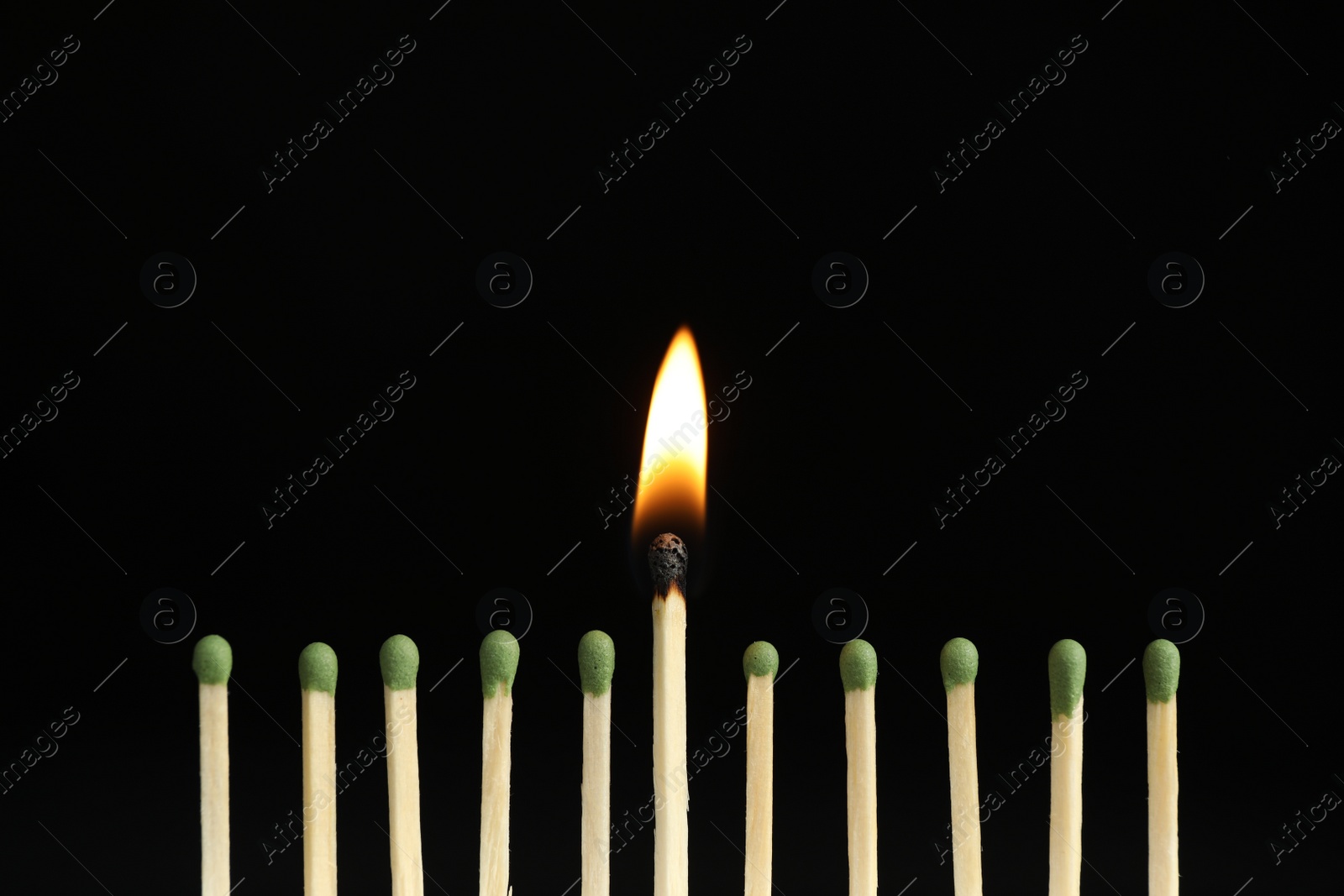 Photo of Burning match among unlit ones on black background, closeup