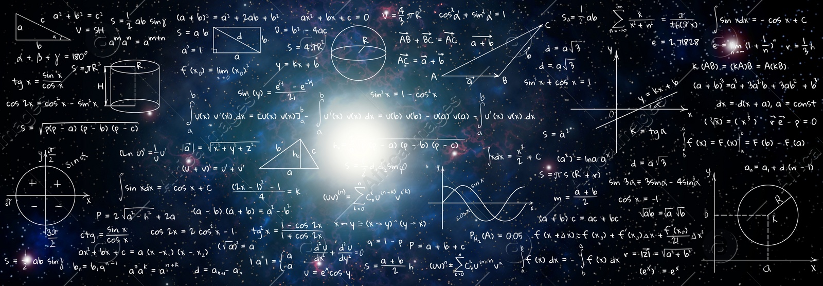 Illustration of  basic physics and mathematics formulas and galaxy in universe. Banner design