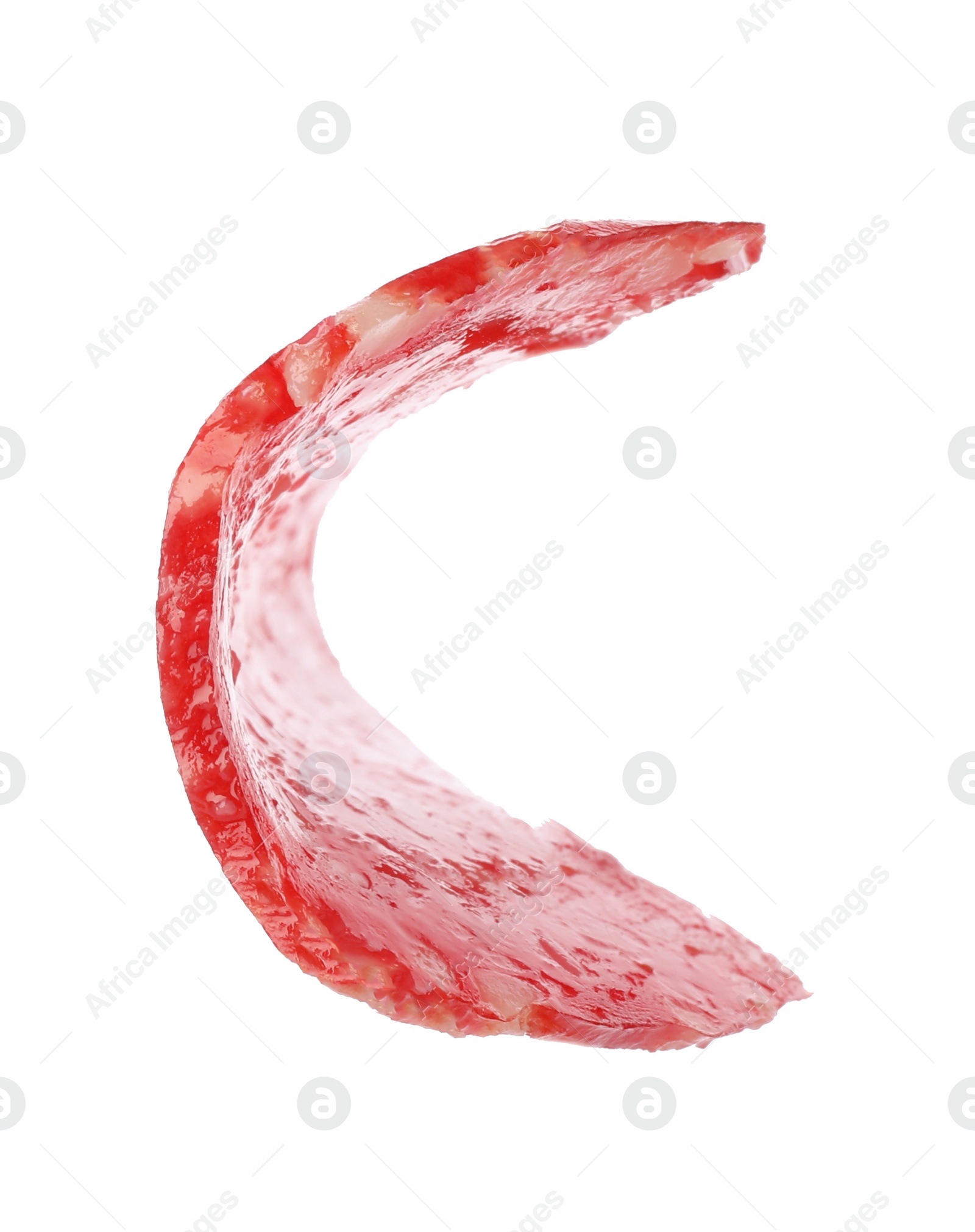 Photo of Cut fresh tasty sausage on white background