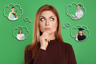 Image of Thoughtful woman choosing probable profession on green background