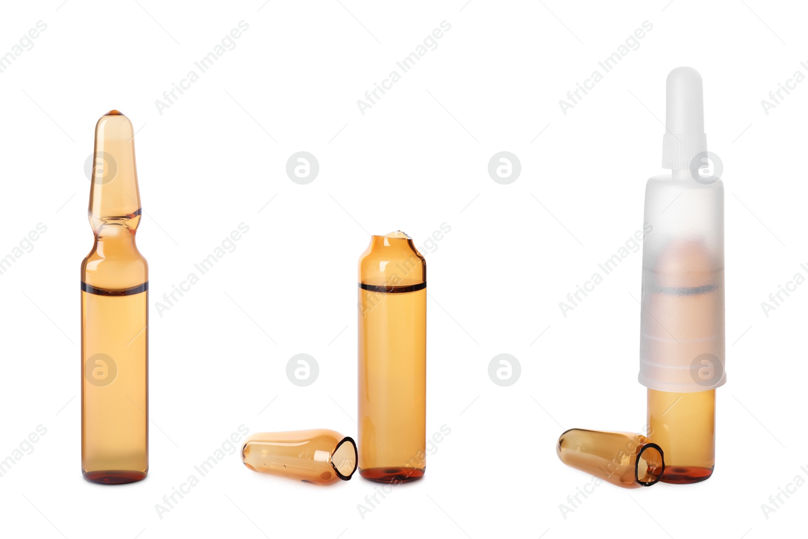 Image of Set with glass ampoules with pharmaceutical products on white background