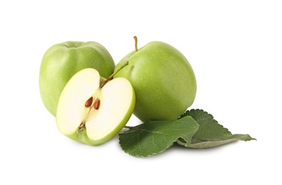 Photo of Whole, cut ripe apples and leaves isolated on white