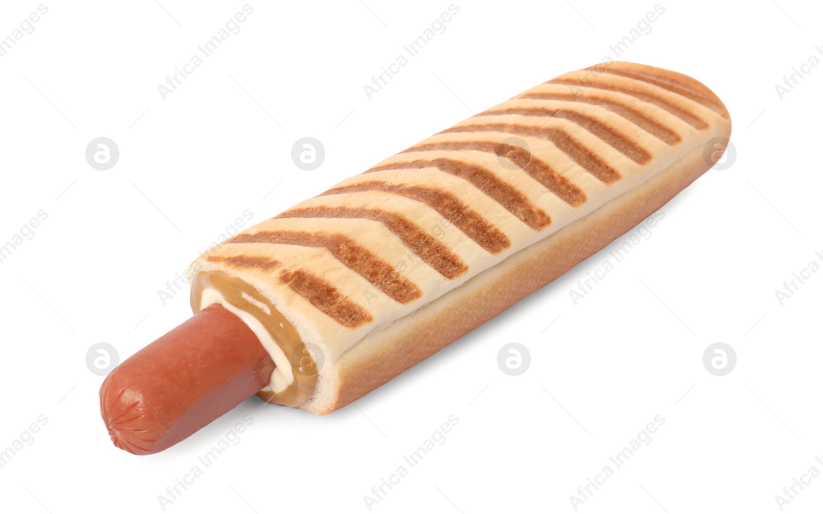 Photo of Tasty french hot dog with sauce isolated on white