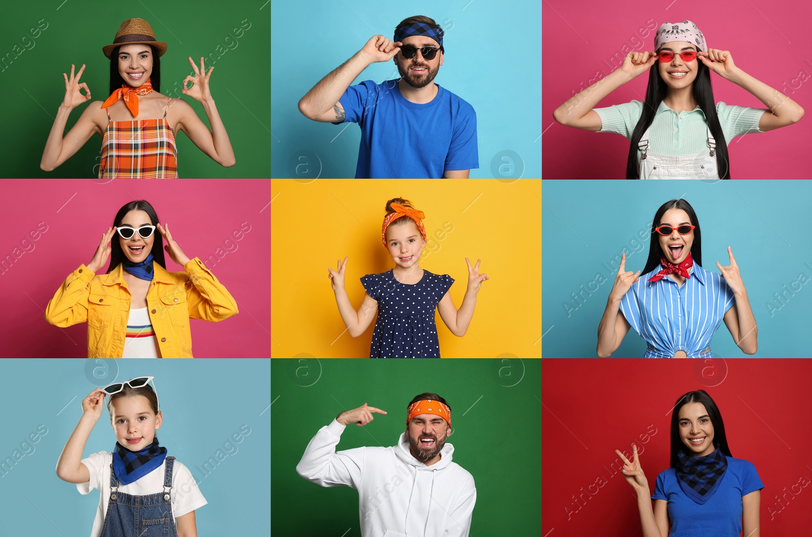 Image of Collage with photos of people wearing stylish bandanas on different color backgrounds