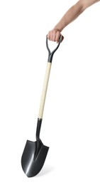 Photo of Man holding shovel on white background, closeup